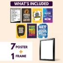 Motivational Posters Set of 7 with 1 Black Frame – 4x6 Inch Tabletop Quote Prints – Interchangeable Daily Inspiration for Office Desk, Study Table, Gifts, and Home Decor